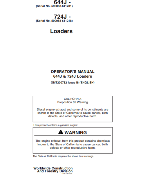 John Deere 644J & 724J Loader Operator Manual OMT200782