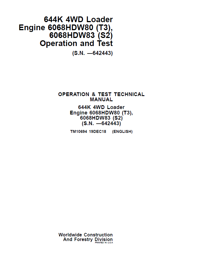 John Deere 644K 4WD Loader Engine Operation and Test Technical Manual TM10694 PDF