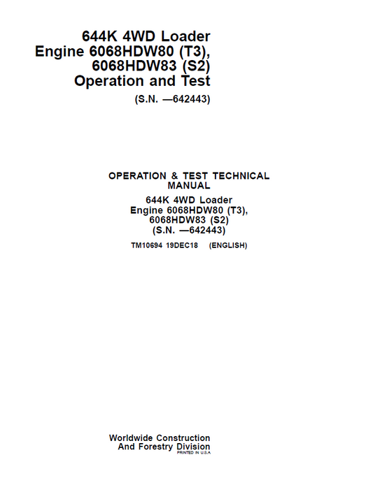 John Deere 644K 4WD Loader Engine Operation and Test Technical Manual TM10694 PDF