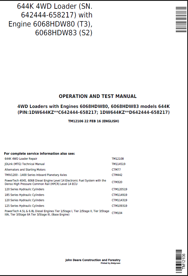 John Deere 644K 4WD Loader Operation and Test Manual TM12106 PDF