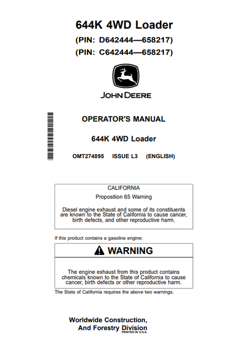 John Deere 644K 4WD Loader Operator Manual OMT274895 PDF