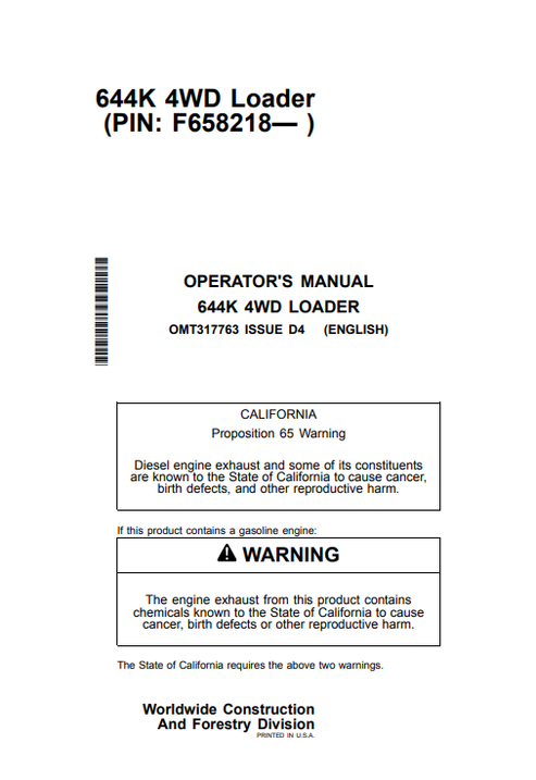 John Deere 644K 4WD Loader Operator Manual OMT317763 PDF