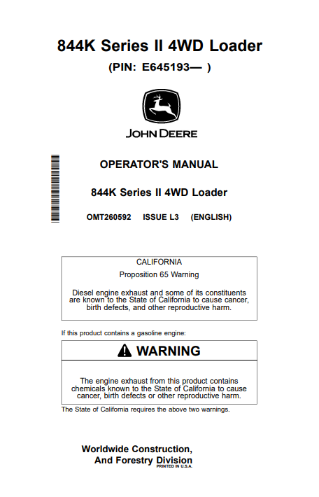 John Deere 644K 4WD Loader Operator Manual PDF OMT274895