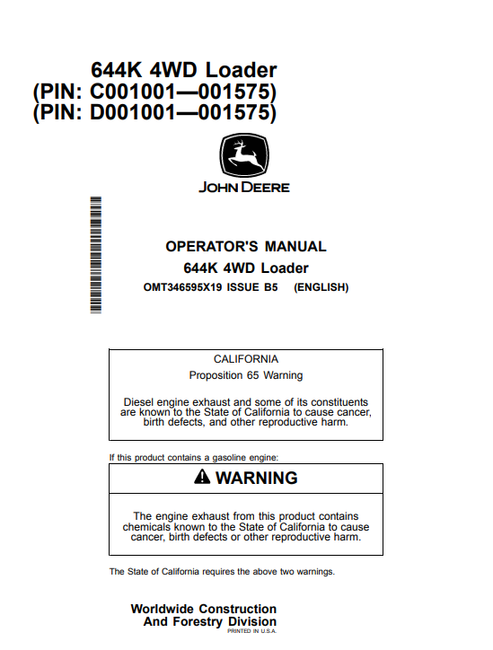 John Deere 644K 4WD Loader Operator Manual PDF OMT346595X19