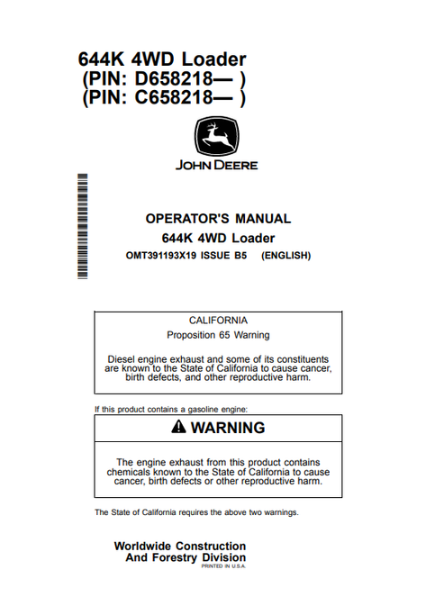 John Deere 644K 4WD Loader Operator Manual PDF OMT391193X19