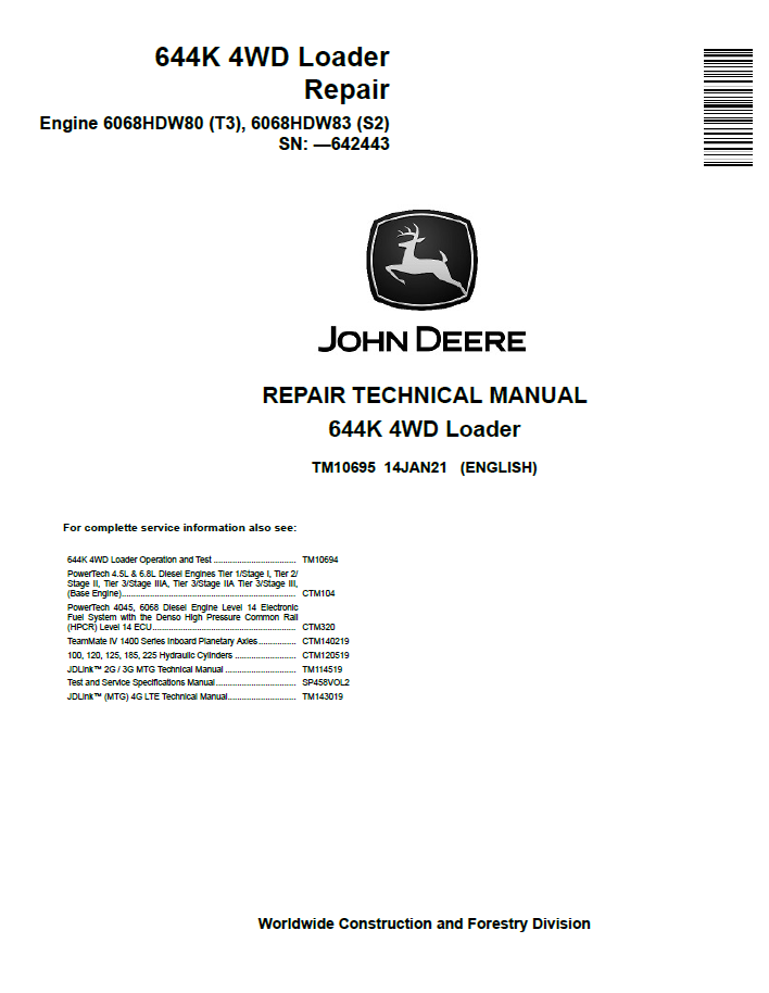 John Deere 644K 4WD Loader Repair Technical Manual TM10695 PDF