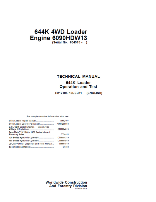 John Deere 644K 4WD Loader Technical Manual TM12105 PDF