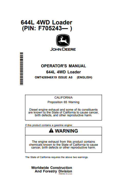John Deere 644L 4WD Loader Operator Manual PDF