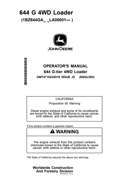John Deere 644 G-Tier 4WD Loader Operator Manual PDF OMT471622X019