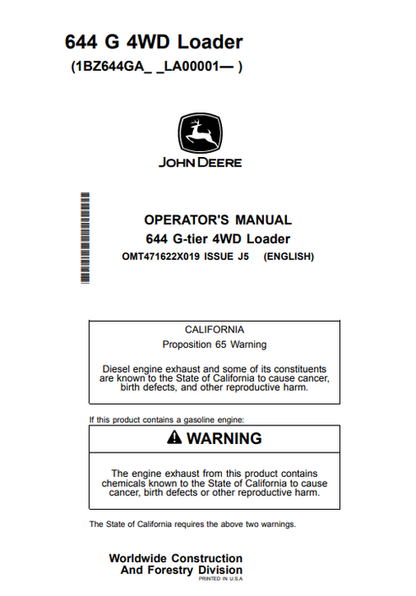 John Deere 644 G-Tier 4WD Loader Operator Manual PDF OMT471622X019