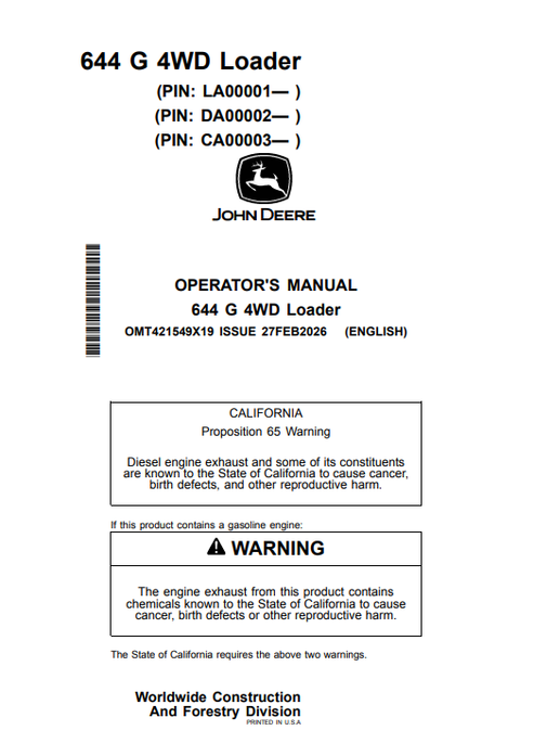 John Deere 644 G 4WD Loader Operator Manual PDF OMT421549X19