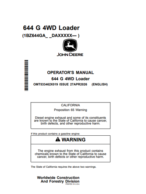 John Deere 644 G 4WD Loader Operator Manual PDF OMT533462X019