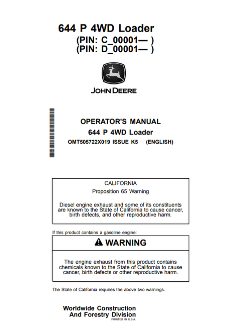 John Deere 644 P 4WD Loader Operator Manual PDF OMT505722X019