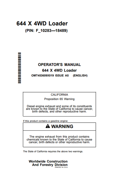 John Deere 644 X 4WD Loader Operator Manual PDF