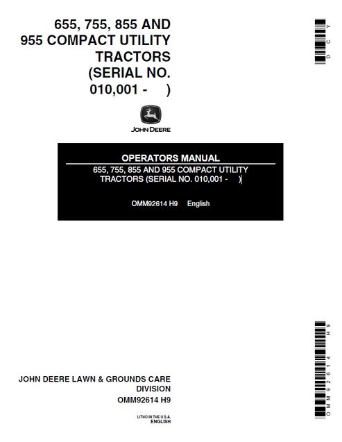 John Deere 655 755 855 955 Compact Utility Tractor Operator Manual