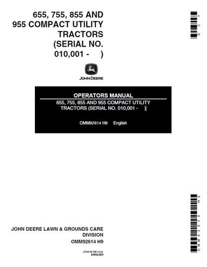 John Deere 655 755 855 955 Compact Utility Tractor Operator Manual