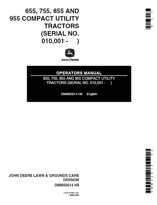 John Deere 655, 755, 855 AND 955 Compact Utility Tractors Operator Manual OMM92614 PDF