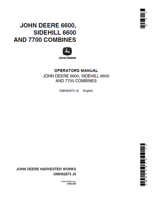 John Deere 6600, SIDEHILL 6600 AND 7700 COMBINES Operator Manual OMH92873 PDF 