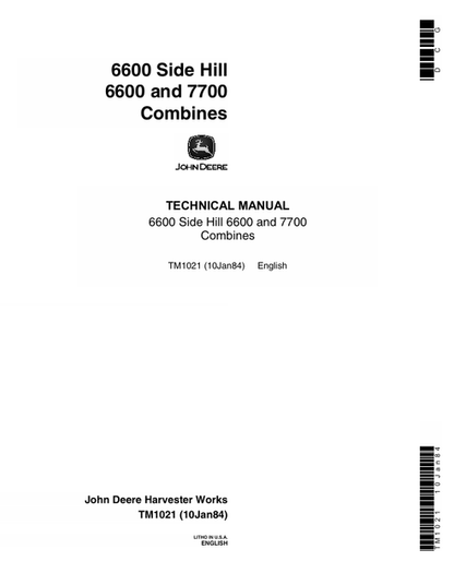 John Deere 6600 Side Hill 6600 7700 Combine Technical Manual TM1021