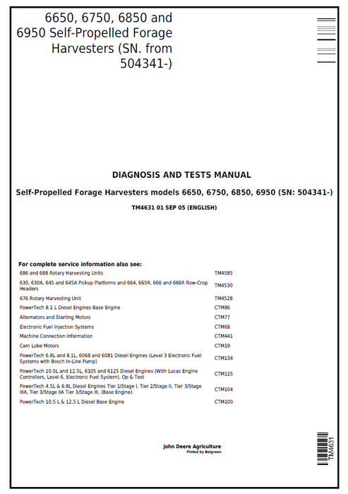 John Deere 6650, 6750, 6850 & 6950 Forage Diagnosis & Test Manual