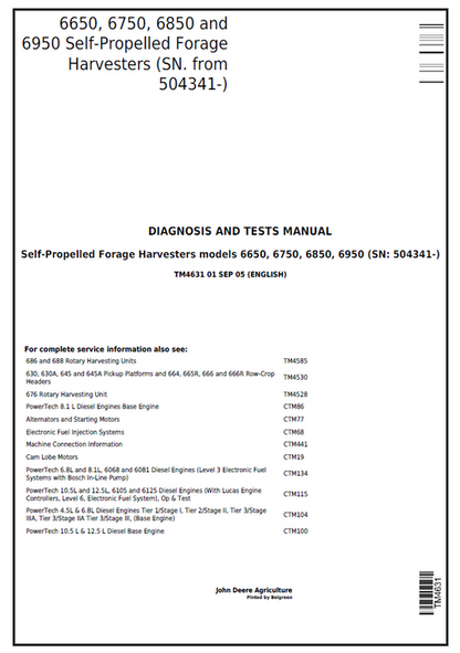 John Deere 6650, 6750, 6850 & 6950 Forage Diagnosis & Test Manual