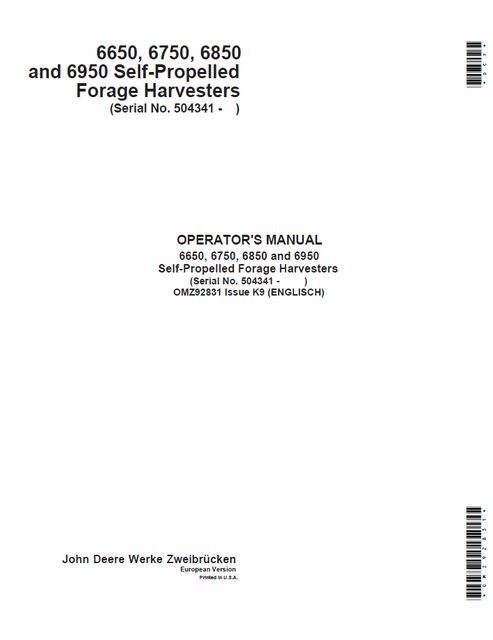 John Deere 6650 6750 6850 6950 Forage Harvester Operator Manual