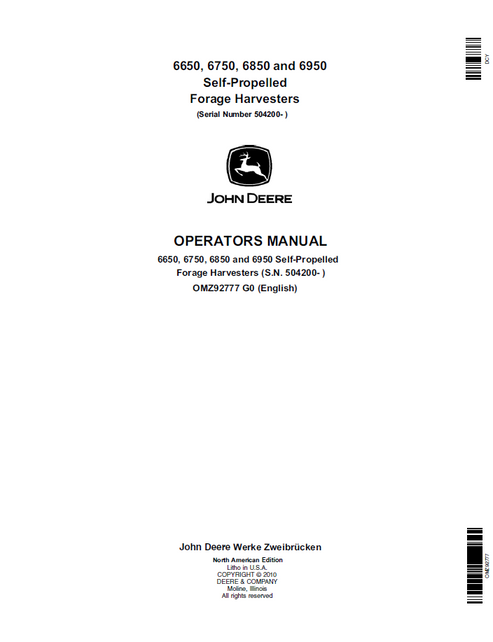 John Deere 6650, 6750, 6850 & 6950 Forage Harvester Operator Manual