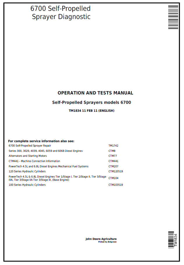 John Deere 6700 Self-Propelled Sprayer Diagnostic Operation and Test Manual TM1834 PDF
