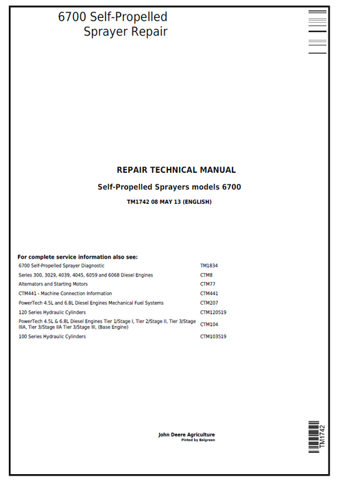 John Deere 6700 Self-Propelled Sprayer Repair Technical Manual TM1742