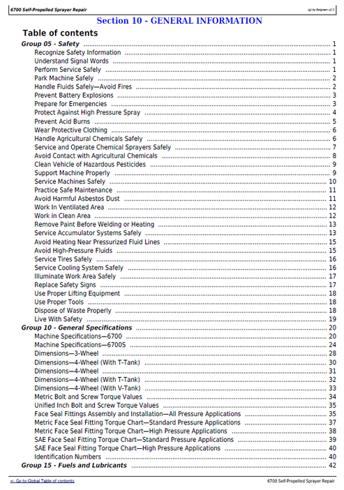 John Deere 6700 Sprayer Technical Maintenance & Troubleshooting Manual
