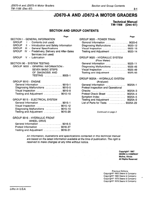 John Deere 670A & 672A Motor Grader Technical Service Manual PDF