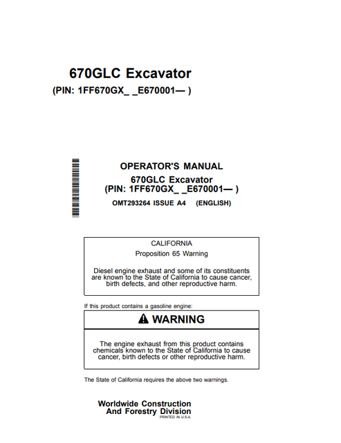 John Deere 670GLC Excavator Operator Manual OMT293264