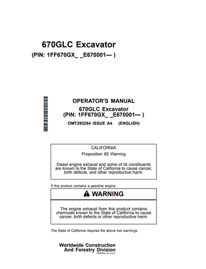 John Deere 670GLC Excavator Operator Manual OMT293264