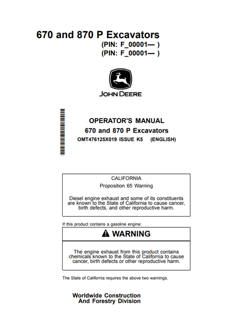 John Deere 670 P & 870 P Excavator Operator & Maintenance Manual