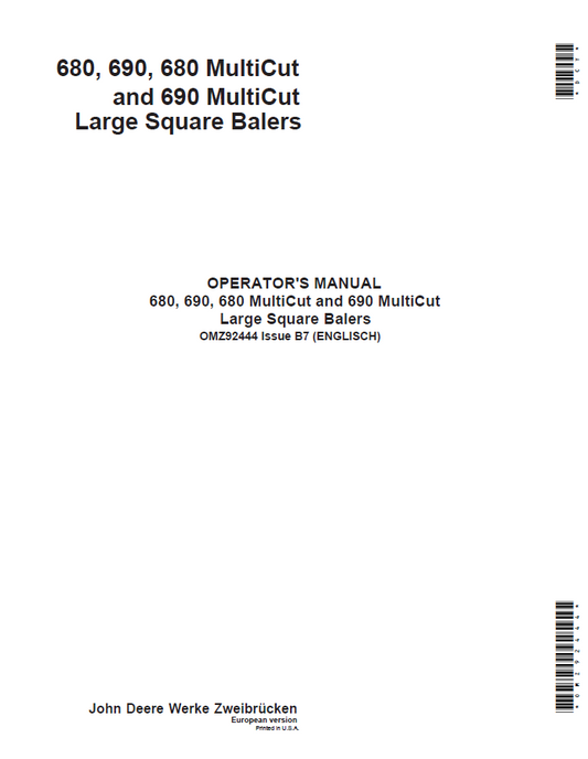 John Deere 680, 690, 680 and 690 MultiCut Large Square Balers  Operator Manual OMZ92444 PDF