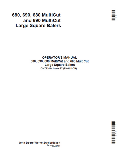 John Deere 680 690 MULTICUT Large Square Baler Operator Manual