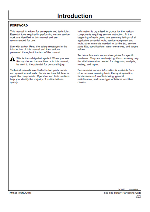John Deere 686 688 Rotary Harvesting Units Repair Manual PDF