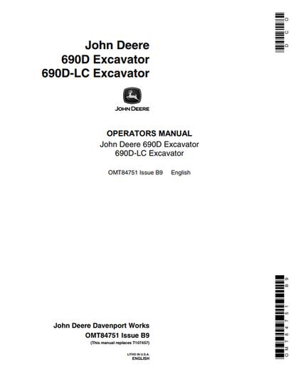 John Deere 690D 690D-LC Excavator Operator Manual OMT84751