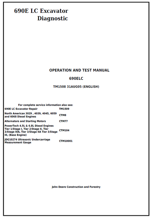 John Deere 690E LC Excavator Diagnostic Operation and Test Manual TM1508 PD