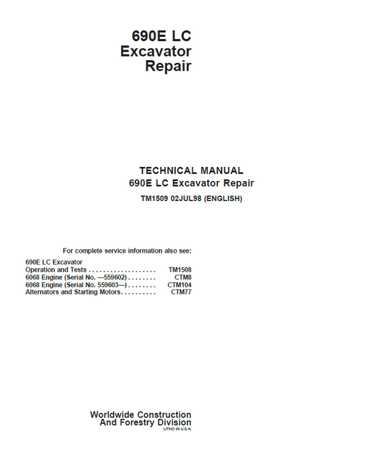 John Deere 690E LC Excavator Repair Technical Manual TM1509 PDF
