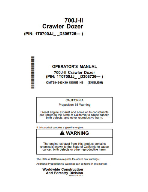 John Deere 700J-II Crawler Dozer Operator Manual OMT384340X19