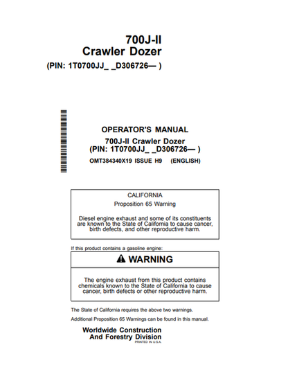 John Deere 700J-II Crawler Dozer Operator Manual OMT384340X19