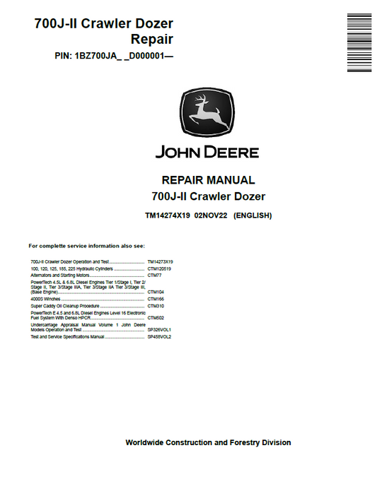 John Deere 700J-II Crawler Dozer Repair Manual TM14274X19 PDF