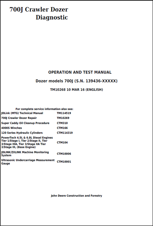 John Deere 700J Crawler Dozer Operation and Test Manual TM10268 PDF