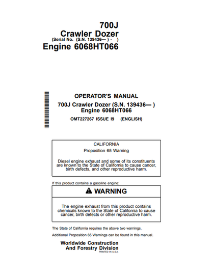 John Deere 700J Crawler Dozer Operator Manual OMT227267