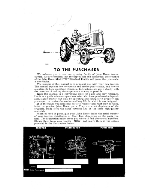 John Deere 70 Standard Tractor Operating & Maintenance Manual