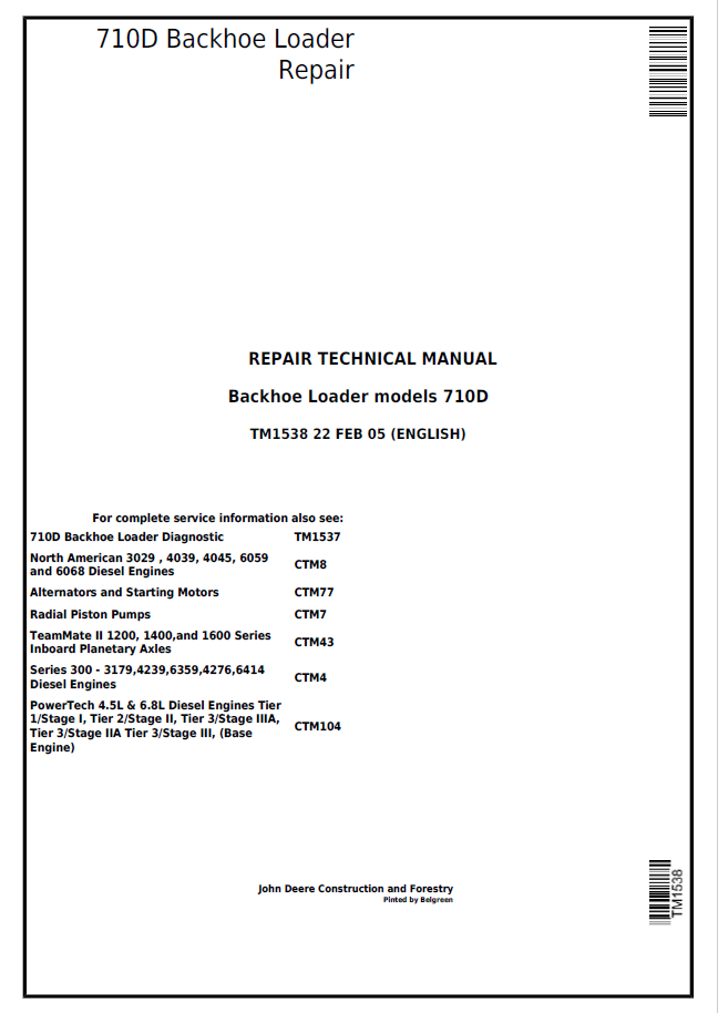 John Deere 710D Backhoe Loader Repair Technical Manual TM1538 PDF