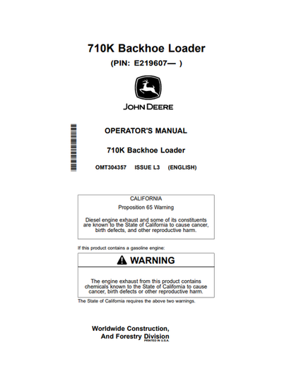 John Deere 710K Backhoe Loader Operator Manual OMT304357