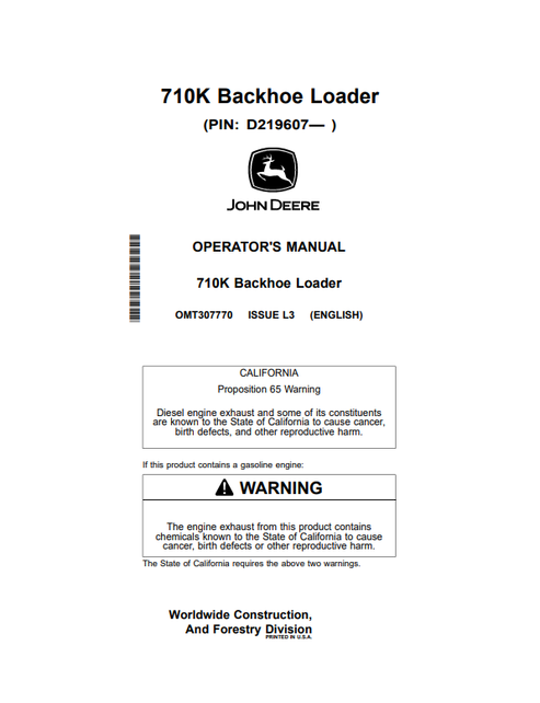 John Deere 710K Backhoe Loader Operator Manual OMT307770