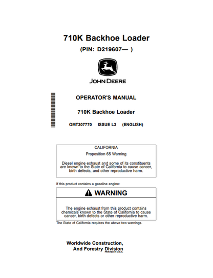 John Deere 710K Backhoe Loader Operator Manual OMT307770